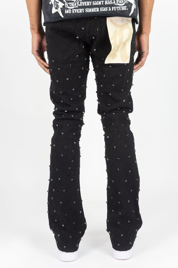 R3BEL - STACKED FIT JEANS GLOSS JET BLACK STONES