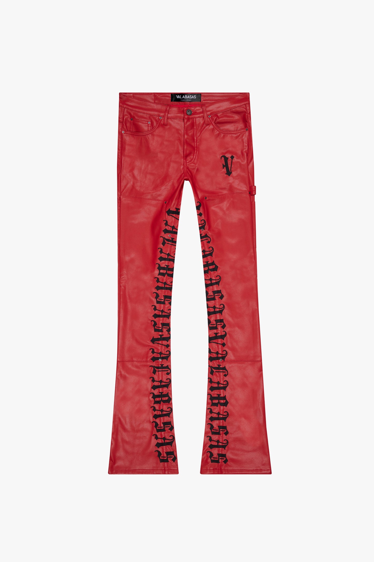 VALABASAS- "SUPERIOR WORLD" RED LEATHER STACKED FLARE JEAN