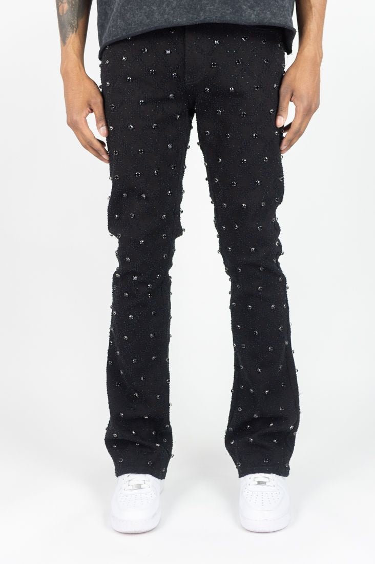 R3BEL - STACKED FIT JEANS GLOSS JET BLACK STONES